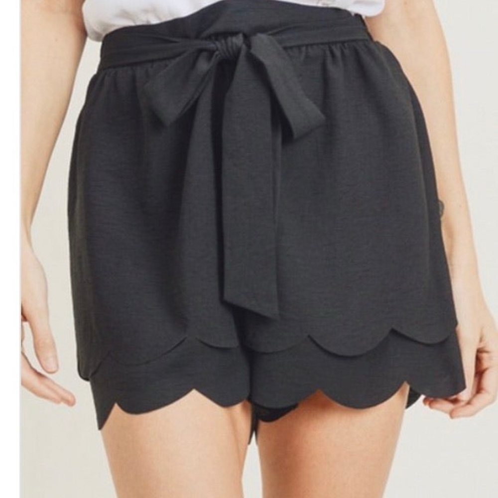 Black Scalloped Hem Shorts with Bow Tie